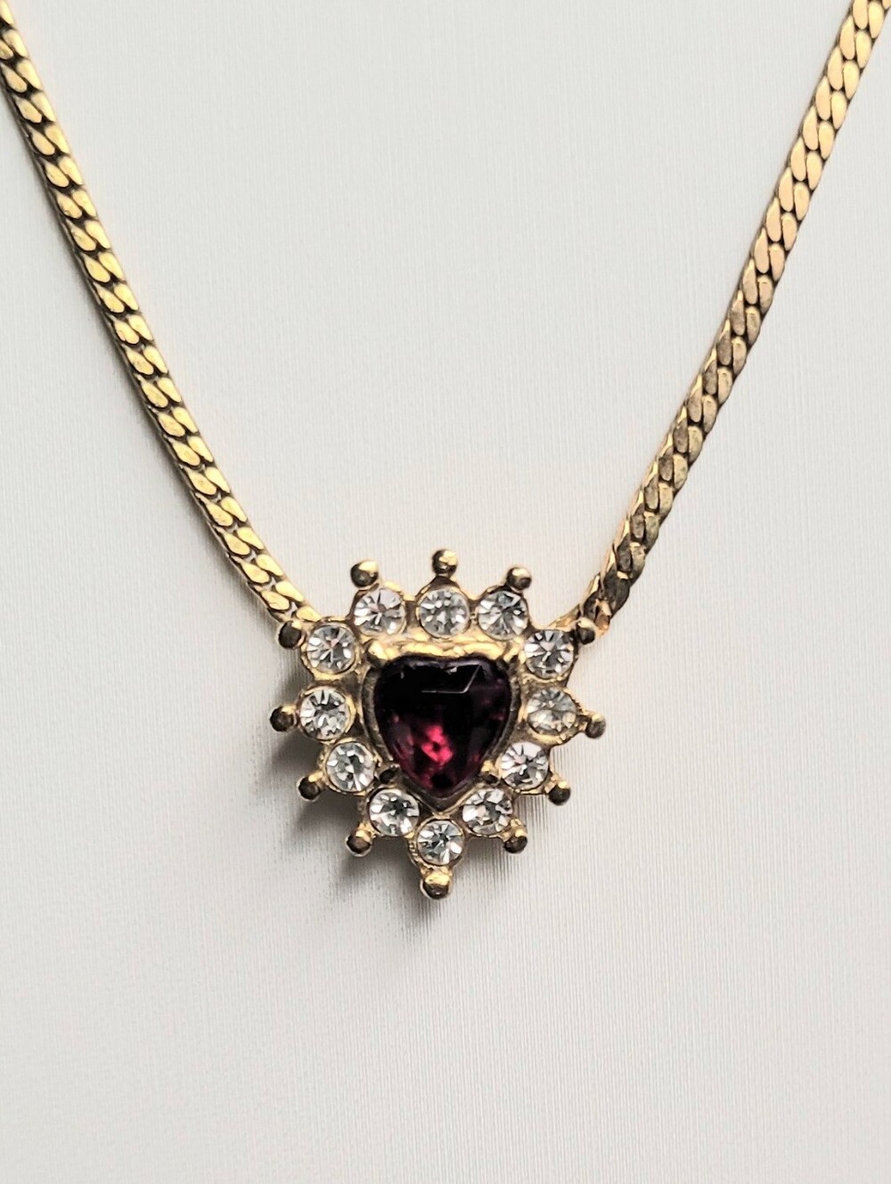Gold Heart Pendant Necklace with Red Stone and Clear Accents